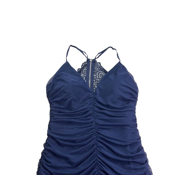 Honey and Rosie Navy Blue Mesh Lace Back Ruched Bodycon Mini Dress Size M - Picture 2 of 9